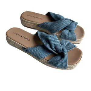 Lucky Brand Grenly Denim Flatforms Sandals Size 9.5 41 Knot Slides Espadrilles